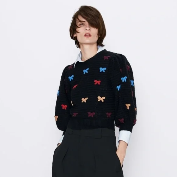ZARA 🎀 NWT Puff Sleeve Chunky Knit Bow Sweater - Picture 6 of 6